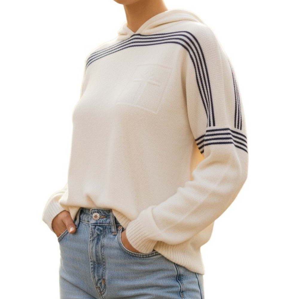 Vintage White Navy Stripe Knit Hoodie Sweater Embroidered Patch Womens Small